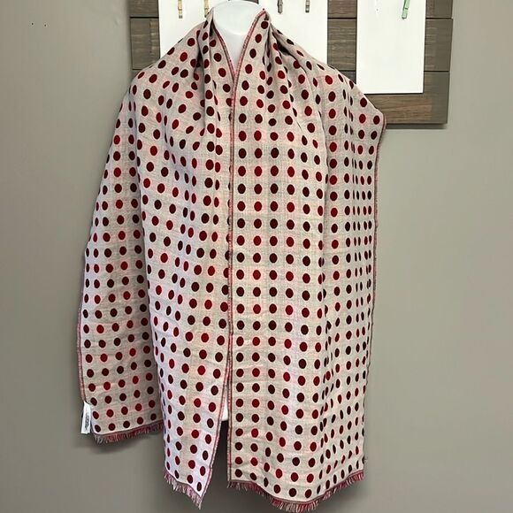 Talbots Women’s Red Cream Polka Dot Wool Blend Fashion Scarf Fringe 75”, 17.5” - Picture 2 of 16